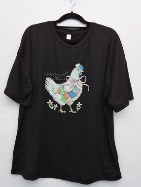 Life Is Better With Chickens Women's Farmhouse Black Graphic Tee, Size 2XL